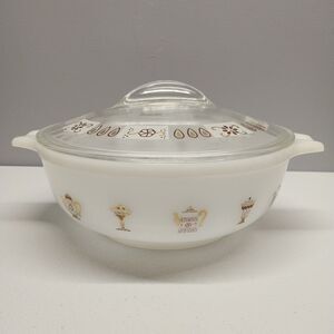 Vintage Glasbake 2 Qt Casserole Dish w Lid Gold Teapot MCM Inland Glass USA